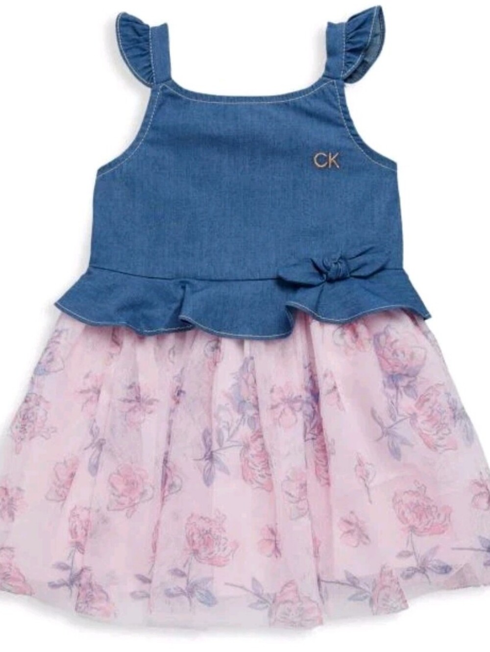 Calvin Klein Girl's Youth Twofer Flare Denim Floral Dress Size 6 Pink Blue